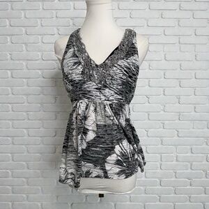 Y2K Abstract Print Empire Waist Tank Top • Fairycore Grunge • Lace Trim V-Neck S